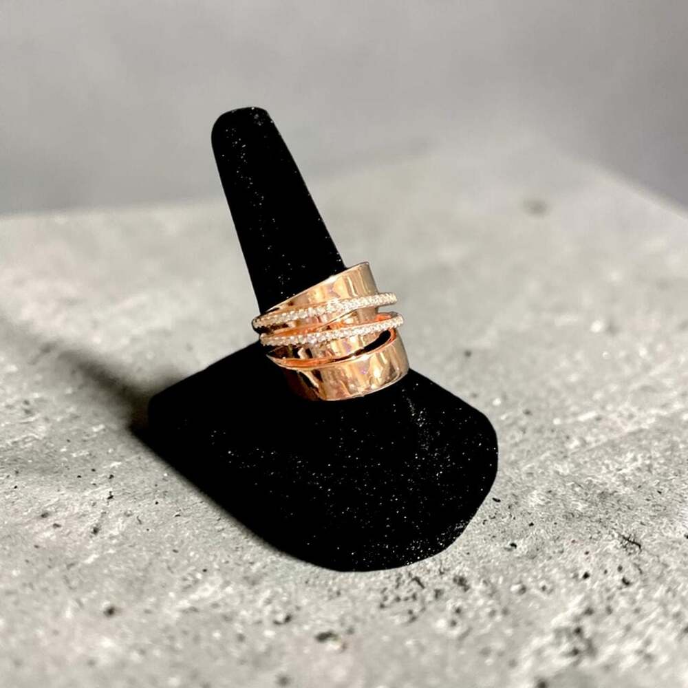 Rose Gold Over 925 Sterling Silver Crossover Ring with Rhinestone Accents SZ7